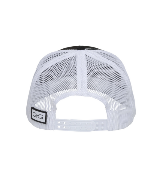 White mesh cap with black logo on a white background