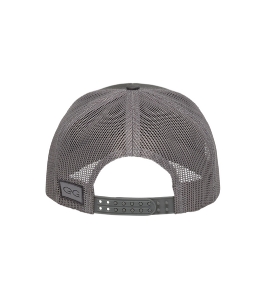 Gray mesh cap with a brand logo on a white background
