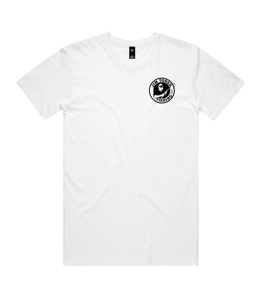 White t-shirt with a black logo on a white background