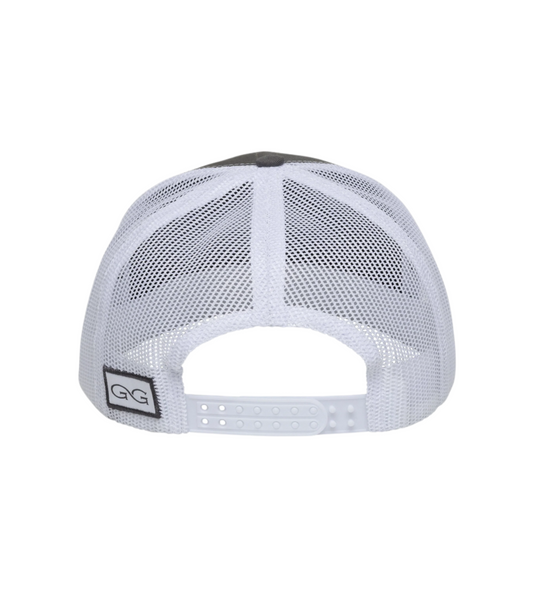 White mesh cap with black logo on a white background