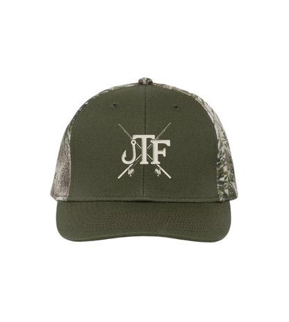 Green and camouflage cap with 'JTF' logo on a white background