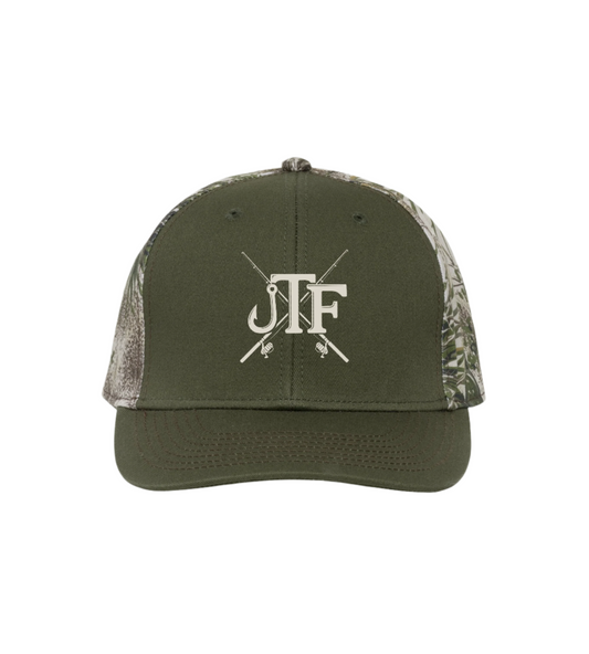 Green and camouflage cap with 'JTF' logo on a white background