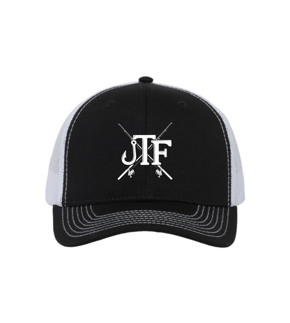 Black and white cap with 'JTF' logo on a white background