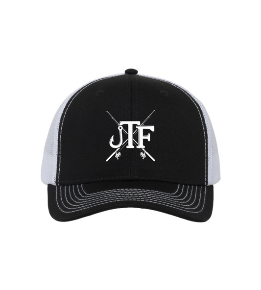 Black and white cap with 'JTF' logo on a white background