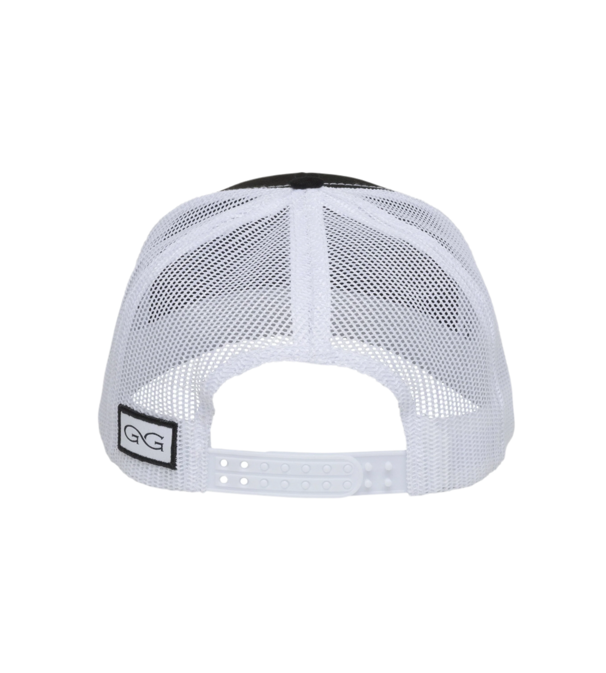 White mesh cap with black logo on a white background