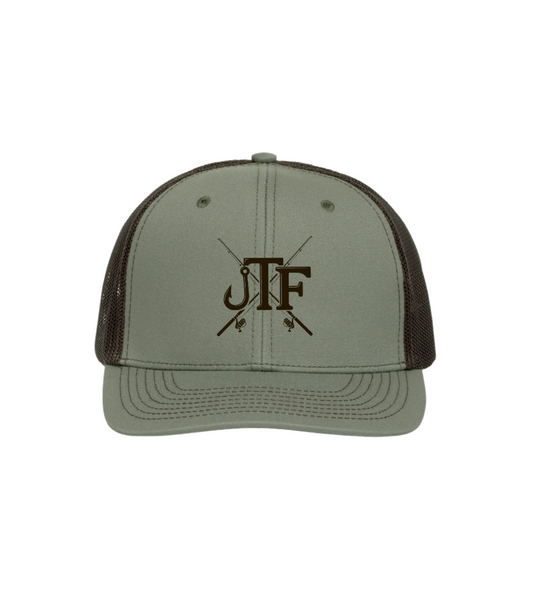 Trucker hat with 'JFF' logo on a white background