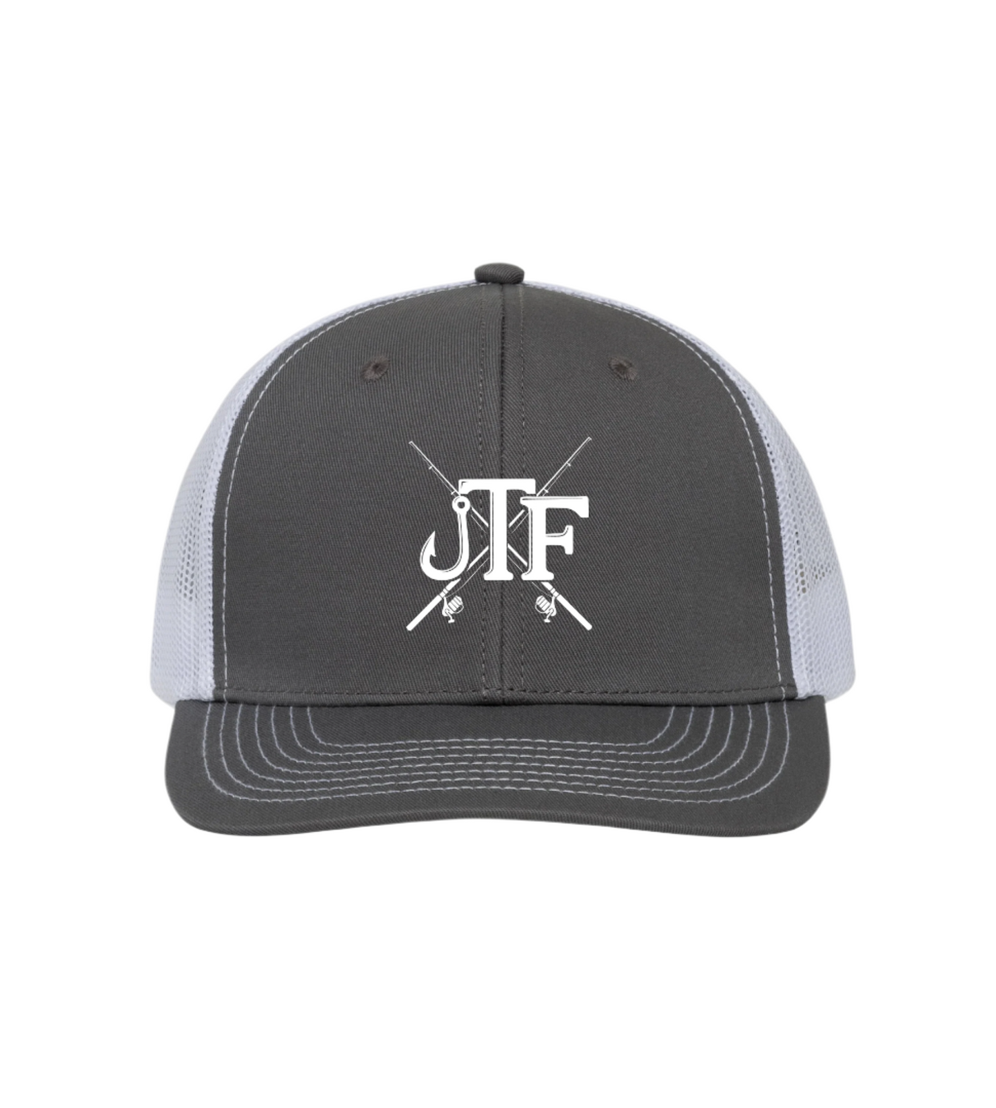 Gray and white cap with a logo on a white background