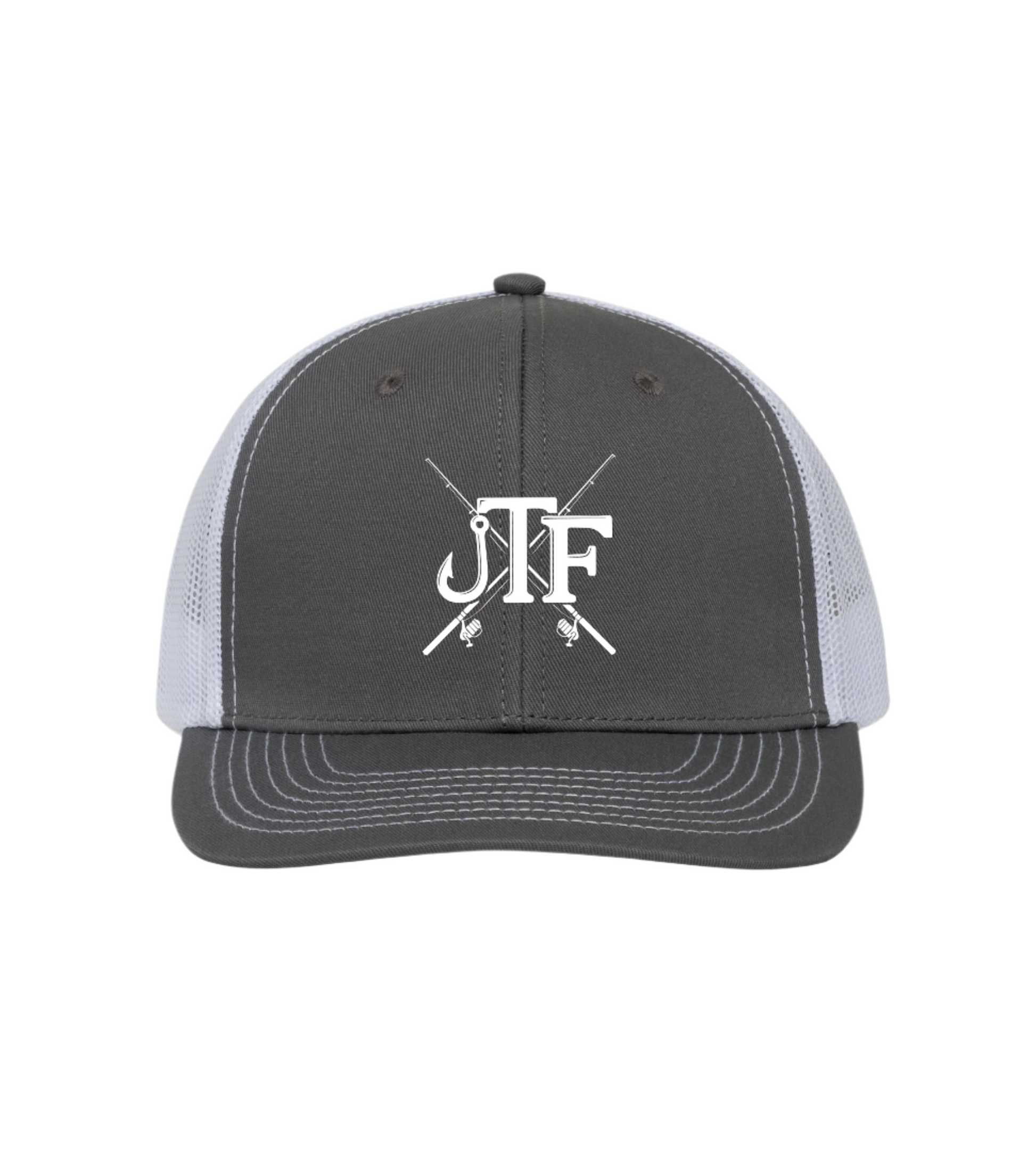 Gray and white cap with a logo on a white background