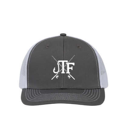 Gray and white cap with a logo on a white background