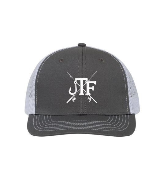 Gray and white cap with a logo on a white background