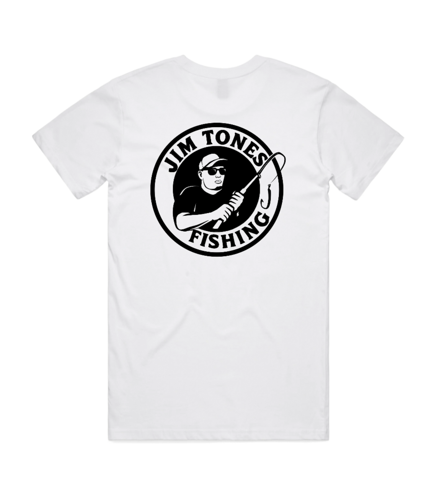 White t-shirt with black 'Jim Tones Fishing' logo on a white background