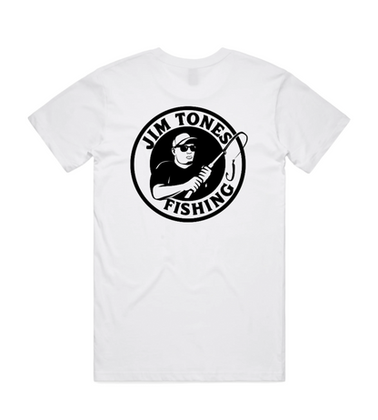 White t-shirt with black 'Jim Tones Fishing' logo on a white background
