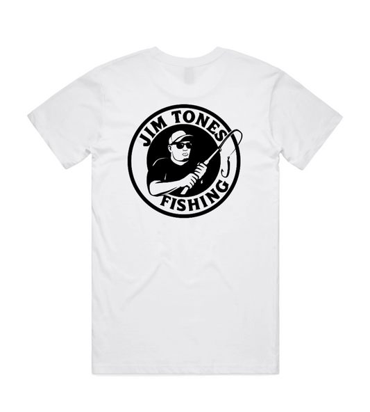 White t-shirt with black 'Jim Tones Fishing' logo on a white background