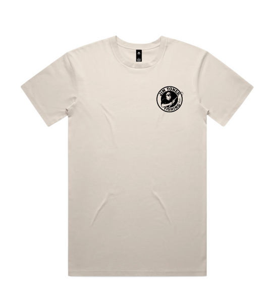 Beige t-shirt with a black logo on a white background