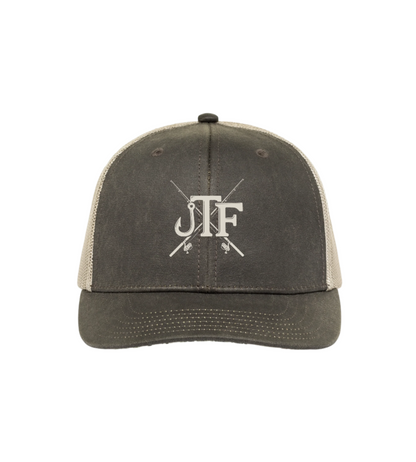 Gray and beige cap with 'JTF' logo on a white background