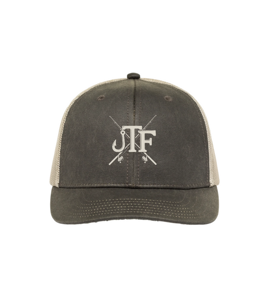 Gray and beige cap with 'JTF' logo on a white background